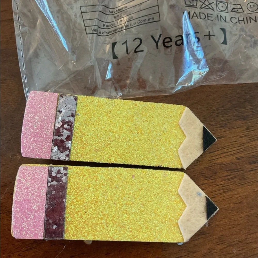 Sparkly pencil back to school clip hair bows set of two new unused